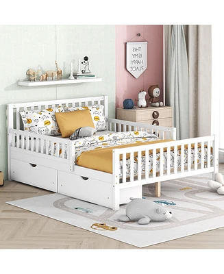 Wood Platform Bed with Guardrails on Both Sides and Two Storage Drawers