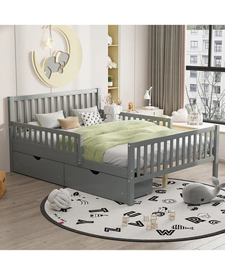 Wood Platform Bed with Guardrails on Both Sides and Two Storage Drawers
