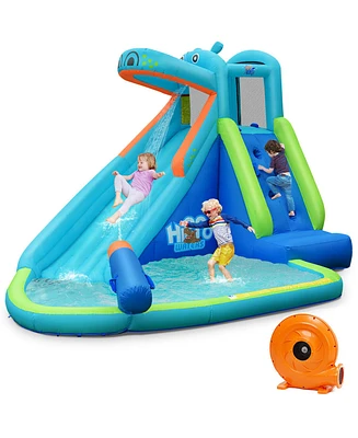 Inflatable Kids Hippo Bounce House Slide Climbing Wall Splash Pool w/740W Blower