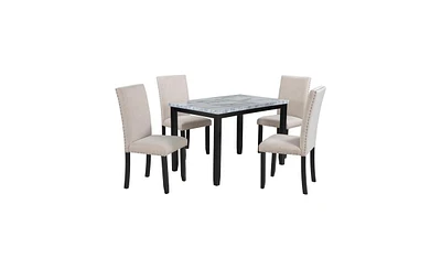 5-Piece Faux Marble Dining Set – Table with 4 Cushioned Chairs for Stylish Home Dining