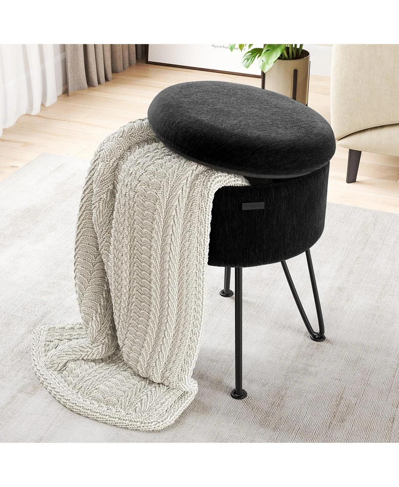 Nestl Textured Velvet Round Ottoman with Storage – Modern Foot Stool, Makeup Vanity Small Rest, Perfect for Living Room & B