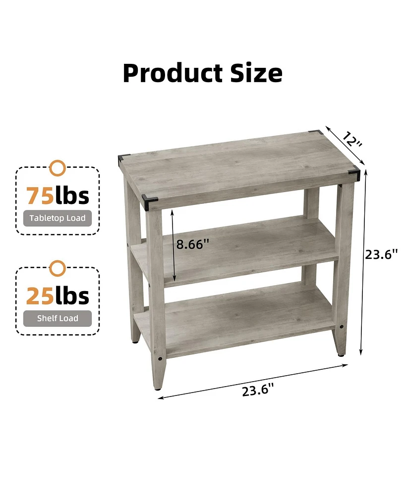 Grey Farmhouse End Table, 3 Tier Rustic Side Table, Narrow Sofa Table with Ample Storage Shelf, Rectangular Nightstand with Metal Corner Guards for Li