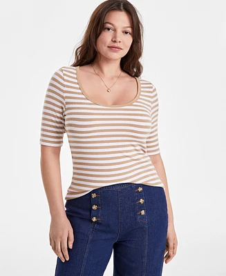 On 34th Women's Striped Scoop-Neck Elbow-Sleeve Top, Exclusively at Macy's