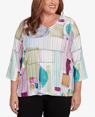 Alfred Dunner Plus Size Classic Geometric V-Neck Three Quarter Sleeves Top