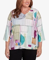 Alfred Dunner Plus Size Classic Geometric V-Neck Three Quarter Sleeves Top