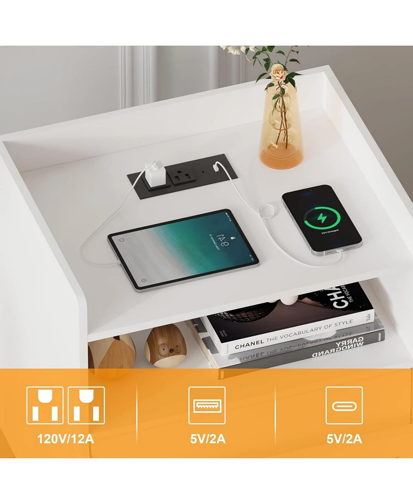 gaomon Nightstand Set of 2, Rattan End Table with Charging Station, 2 Open Shelves Beside Table with Drawer and Solid Legs, Modern Accent Table for Be