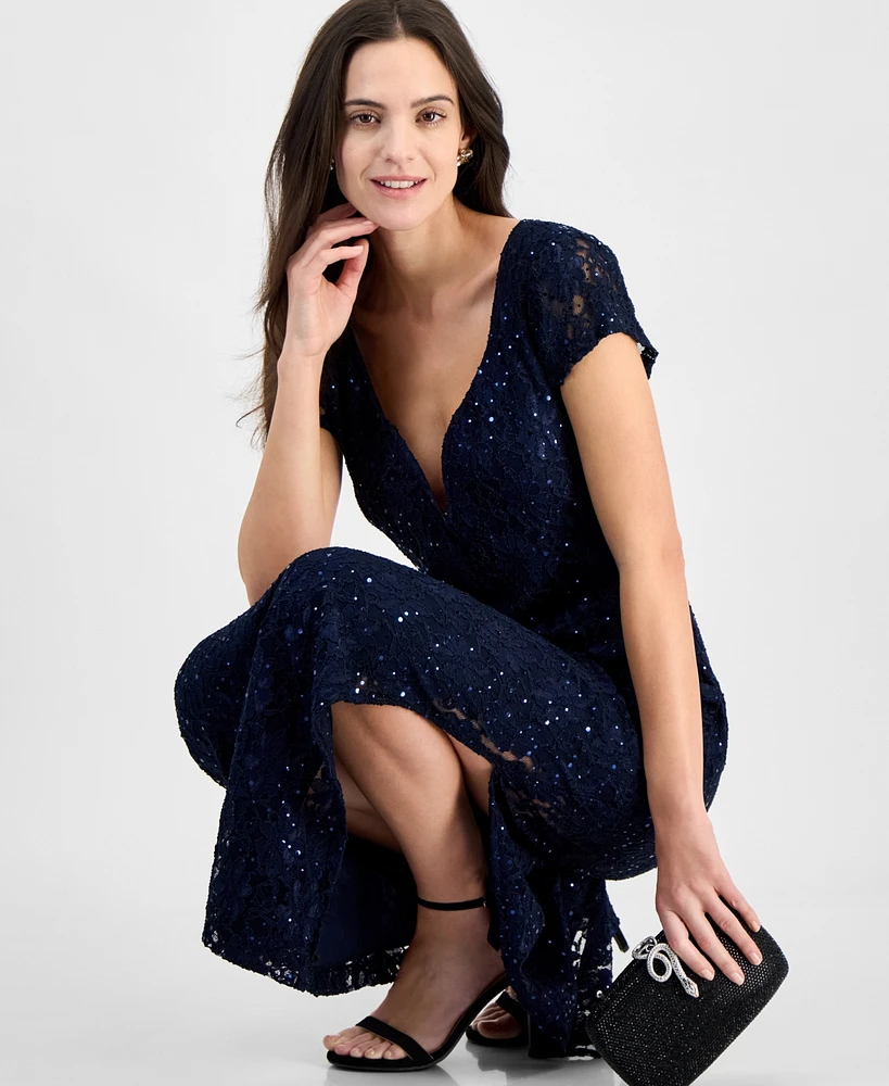 Connected Sequined Lace Column Gown