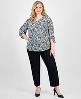 Ak Anne Klein Plus Printed Roll-Tab-Sleeve Tunic