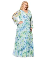 Betsy & Adam Plus Printed Pleated Long-Sleeve Gown