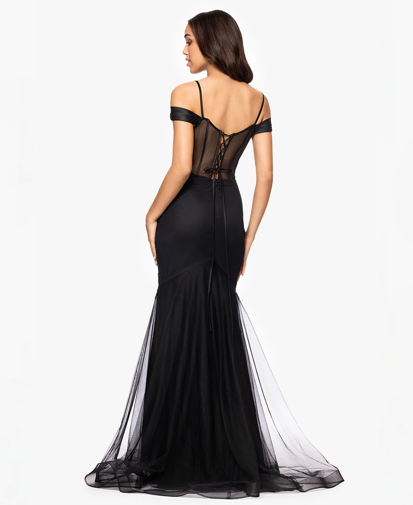 Blondie Nites Juniors' Glitter-Mesh Illusion-Corset Gown