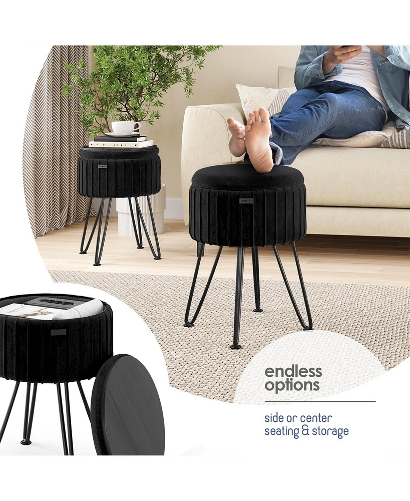 Nestl Pleated Velvet Round Ottoman with Storage – Modern Foot Stool, Makeup Vanity Small Rest, Perfect for Living Room & Be