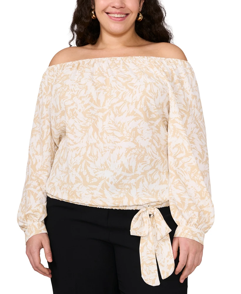 Vince Camuto Plus Printed Off-The-Shoulder Long-Sleeve Tie-Front Blouse