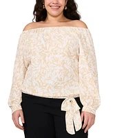 Vince Camuto Plus Printed Off-The-Shoulder Long-Sleeve Tie-Front Blouse