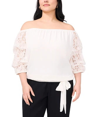 Vince Camuto Plus Off-The-Shoulder Lace Bubble 3/4-Sleeve Tie-Front Blouse