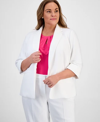 Kasper Plus Textured One-Button Cuffed-Sleeve Jacket