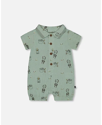 Deux par Deux Baby Boys Printed Muslin Romper Sage Monkey
