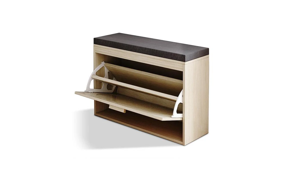 Flip-Drawer Shoe Storage Bench – Rattan Front Cabinet with Cushioned Seat for Entryway or Hallway
