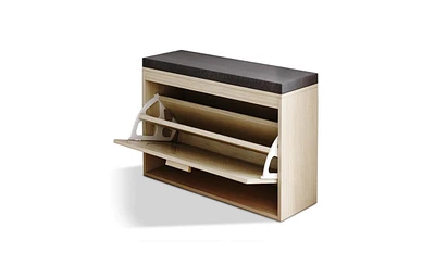 Flip-Drawer Shoe Storage Bench – Rattan Front Cabinet with Cushioned Seat for Entryway or Hallway