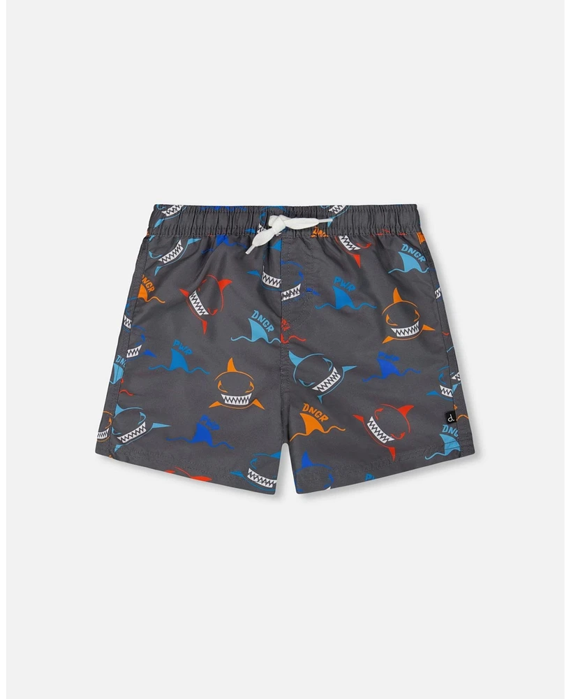 Deux par Deux Boys Printed Boardshorts Orange, Red, And Blue Sharks On Gray