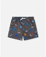 Deux par Deux Boys Printed Boardshorts Orange, Red, And Blue Sharks On Gray