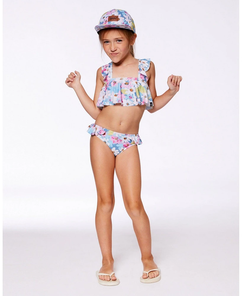 Deux par Deux Girls Printed Two-Piece Swimsuit With Frills White, Pink, And Green Flowers