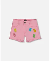 Deux par Deux Big Girls Jean Short With Embroidery Pink And Multicolored Gummies