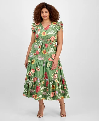 Anne Klein Plus Size Printed Drawstring-Waist Midi Dress
