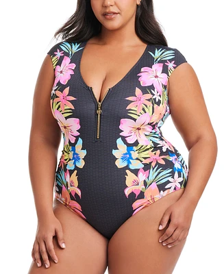 Bleu by Rod Beattie Plus Size Border-Print Sweet Escape Cap-Sleeve Zip-Front Swimsuit