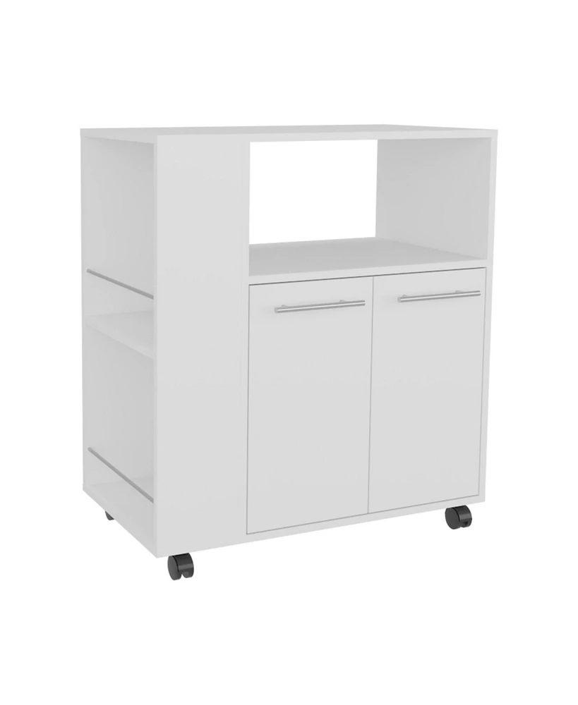 Fm Furniture Linden Kitchen Cart with Microwave Shelf, Open Storage, and Two-Door Cabinet, White