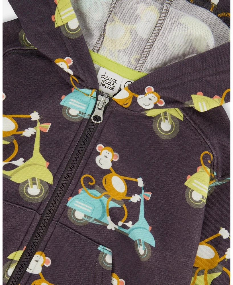 Deux par Deux Baby Boys Printed French Terry Hooded Full Zip Cardigan Sweatshirt Monkey On Navy Moped
