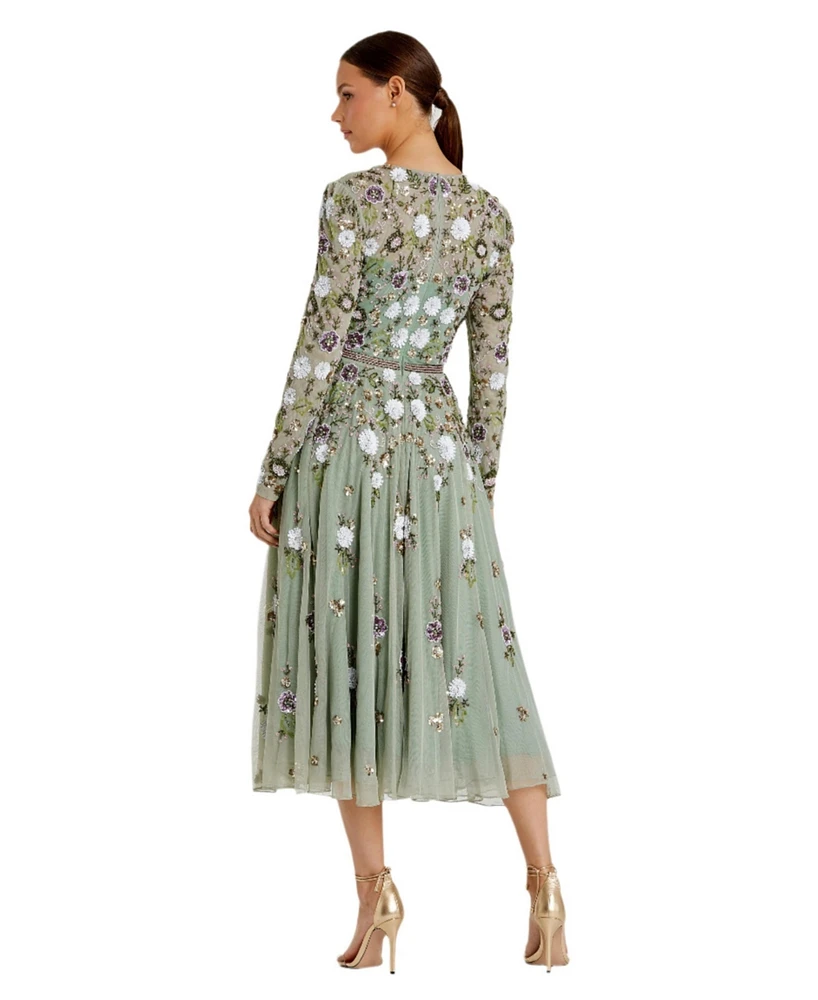 Mac Duggal Women's Sequined Floral Long Sleeve High Neck Midi Dress