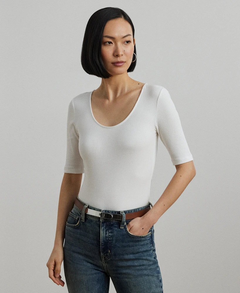 Lauren Ralph Women's Rib-Knit Cotton-Blend Elbow-Sleeve Tee