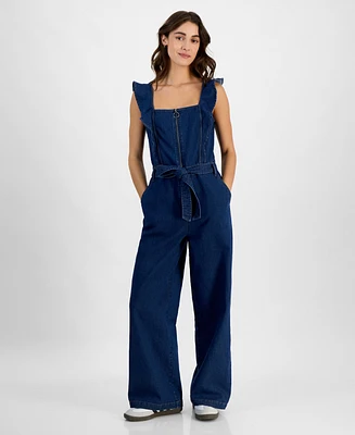 Tinseltown Juniors' Square-Neck Ruffle-Strap Wide-Leg Jumpsuit