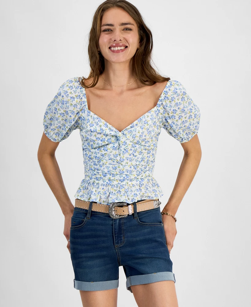 Kingston Grey Juniors' Printed Sweetheart-Neck Puff-Sleeve Top