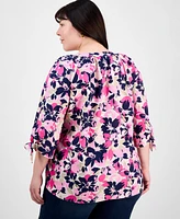 Jones New York Plus Size Floral-Print Linen-Blend Blouse