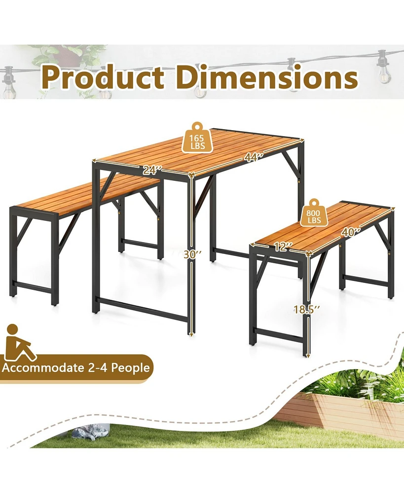 3 Pieces Patio Dining Set with Picnic Table and 2 Benches for 4 People