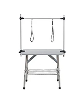 46" Folding Dog Pet Grooming Table Stainless Steel Frame Rubber Mat on Board with Adjustable Arm and Clamps pet dog Cat Grooming Table (Pink Color)
