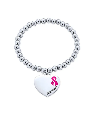 Bling Jewelry Heart Charm Id Bracelet with Pink Ribbon Breast Cancer Survivor Stainless Steel