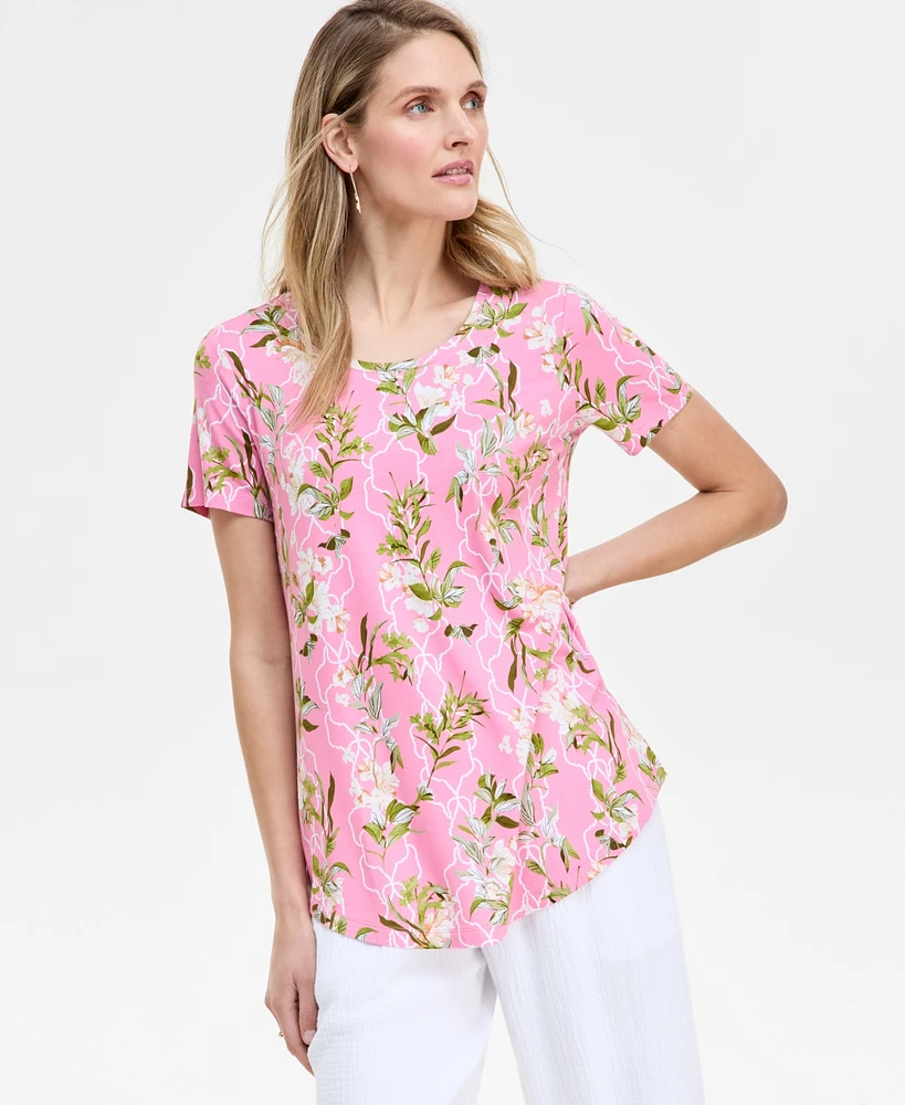 Jm Collection Petite Lush Garden Print Short-Sleeve T-Shirt, Exclusively at Macy's