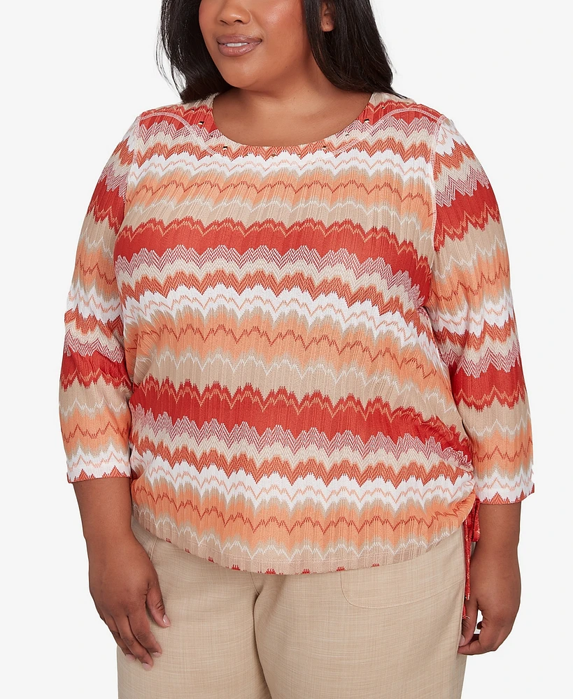 Alfred Dunner Plus Catalina Island Modern Chevron Drawstring Crew Neck Top