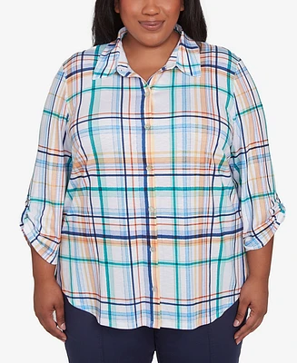 Alfred Dunner Plus Size Nantucket Plaid Knit Button Front Collared Top