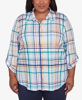 Alfred Dunner Plus Size Nantucket Plaid Knit Button Front Collared Top