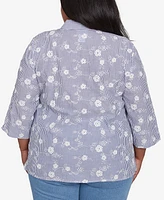 Alfred Dunner Plus Size Flower Power Striped Breezy Floral Applique Collared Top