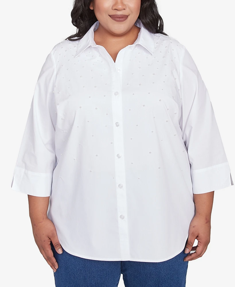 Alfred Dunner Plus Size Flower Power Studded Button Down Collared Top