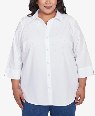 Alfred Dunner Plus Size Flower Power Studded Button Down Collared Top