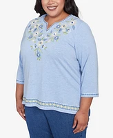 Alfred Dunner Plus Flower Power Embroidered Daisy Split Neckline Top