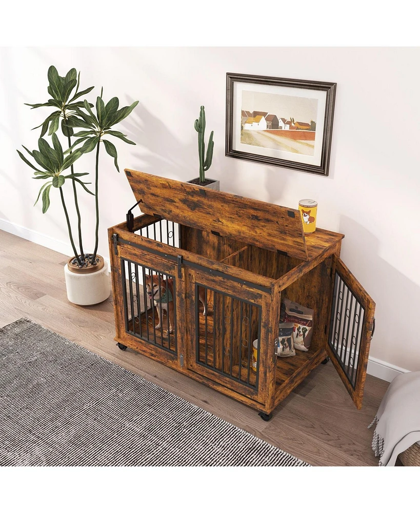 Sliding Door Dog Cage with Partition for Two Puppies Brown