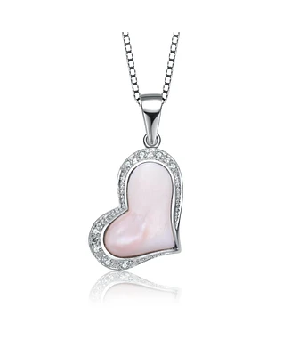 Sterling Silver White Gold Plated with Pink Mother of Pearl Heart Shaped Pendant Necklace