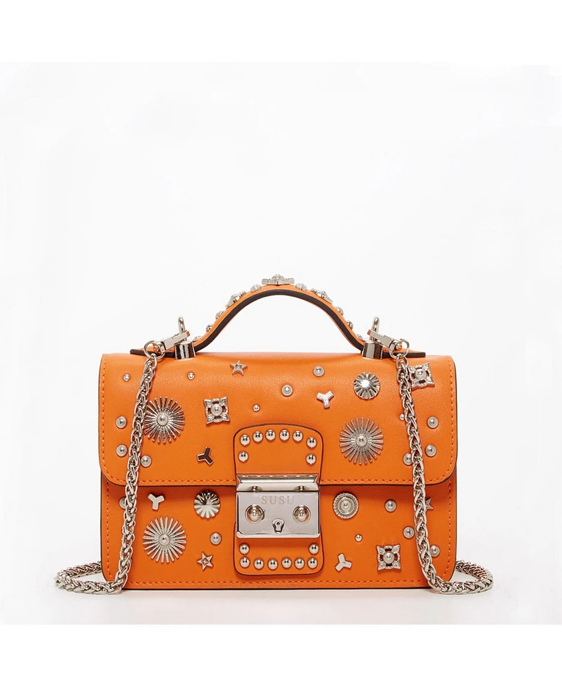 Susu Studded Small Leather Crossbody Bag Orange Purse Cute Handbag Women's Handbag with Top Handle