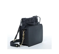 Susu Black Leather Bucket Bag Medium Size Purse for Women with Drawstring Closure
